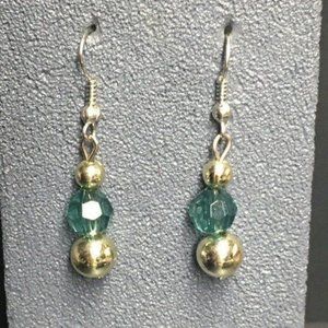 Dangle Drop Pierced Earrings Faceted Teal Round Silver Hook Retro BoHo Soft Girl